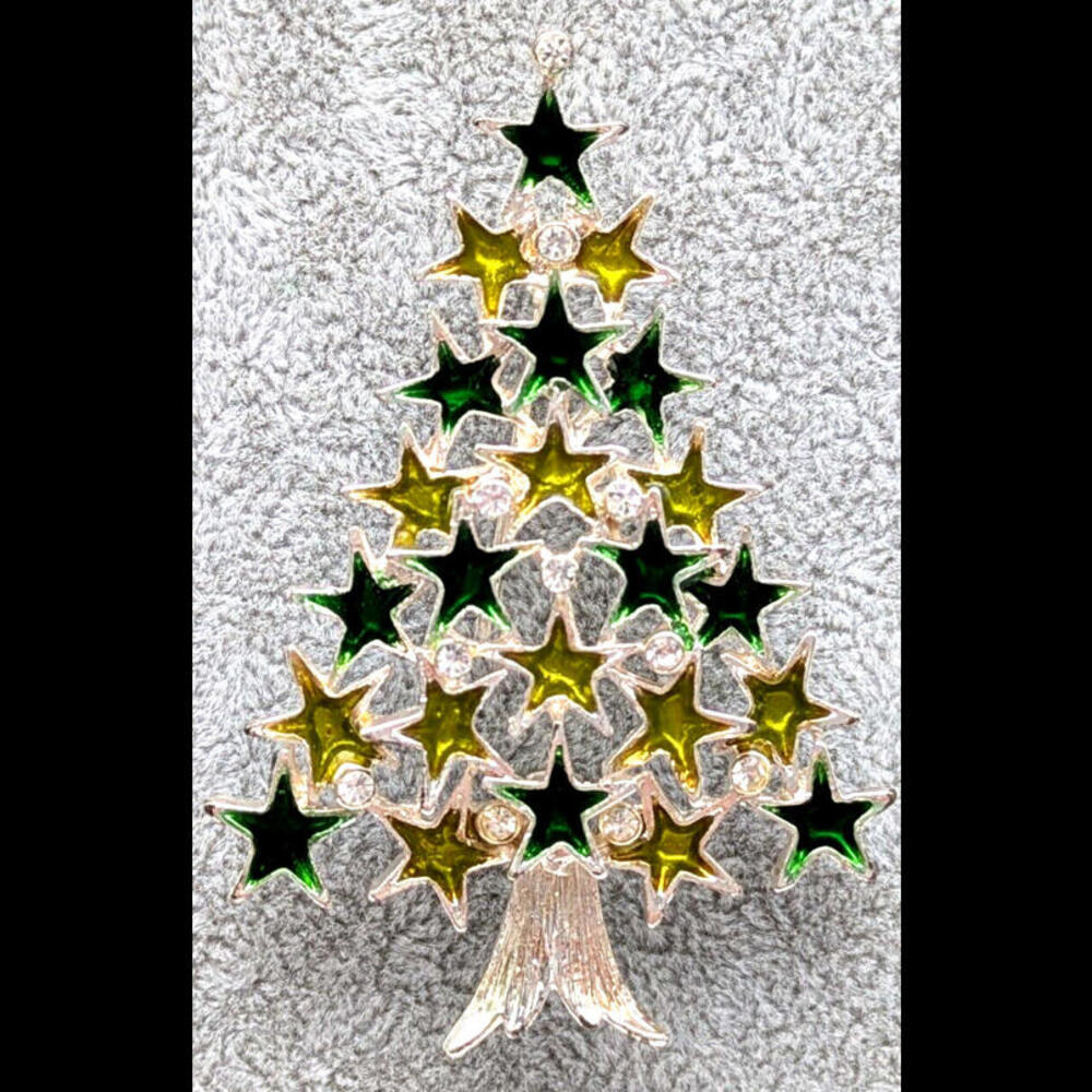 Silver Tone Metal Green Enamel Stars & Crystals Christmas Tree Brooch